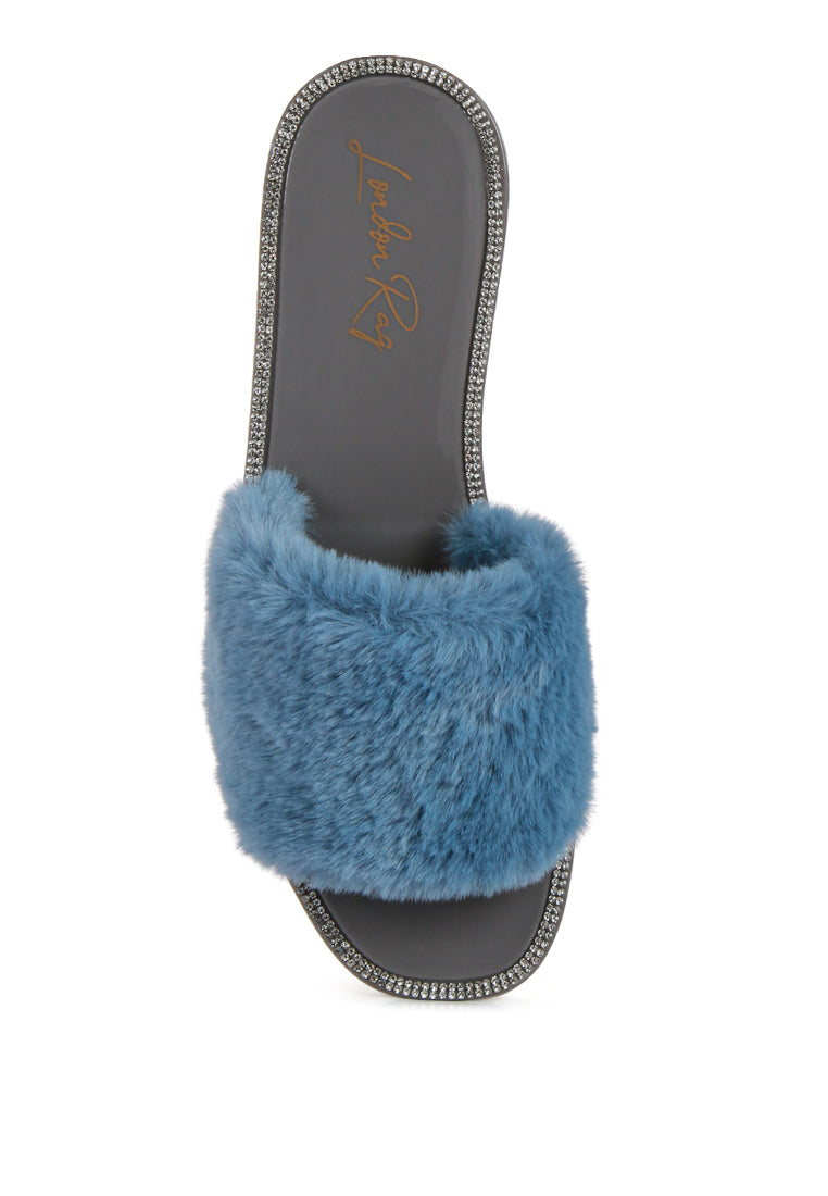 Geese Faux Fur Diamante Detail Jelly Flats featuring a stylish faux fur strap and sparkling diamante studs, perfect for rainy days.