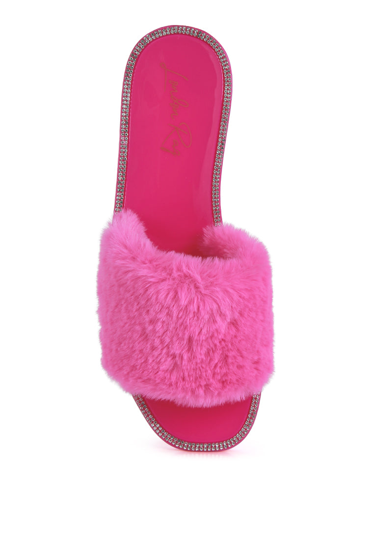 Geese Faux Fur Diamante Detail Jelly Flats featuring a stylish faux fur strap and sparkling diamante studs, perfect for rainy days.