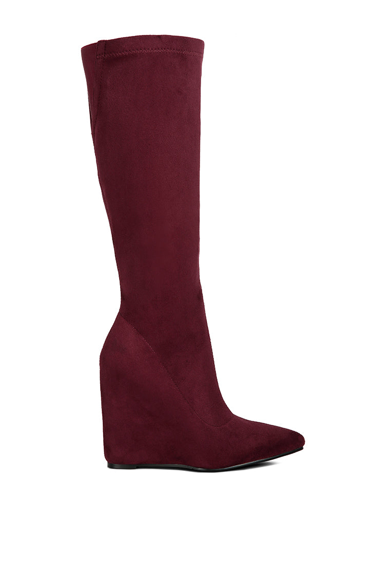 A pair of stylish Gladol Wedge Heel Calf Boots featuring a closed pointed toe and side zipper, made from durable microfiber.