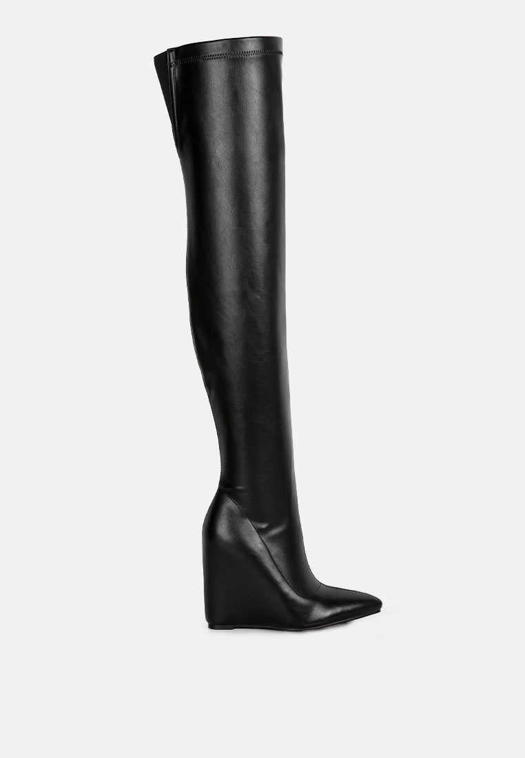 A pair of stylish Gladol Wedge Heel Calf Boots featuring a closed pointed toe and side zipper, made from durable microfiber.