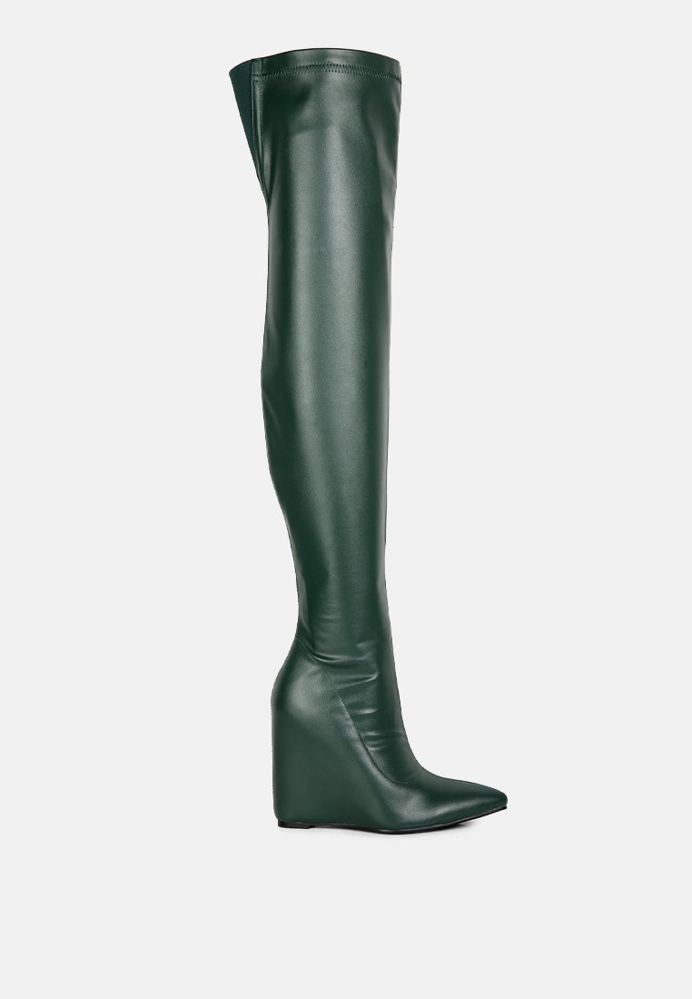 A pair of stylish Gladol Wedge Heel Calf Boots featuring a closed pointed toe and side zipper, made from durable microfiber.