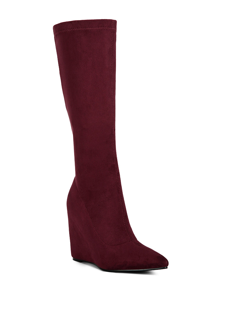 A pair of stylish Gladol Wedge Heel Calf Boots featuring a closed pointed toe and side zipper, made from durable microfiber.