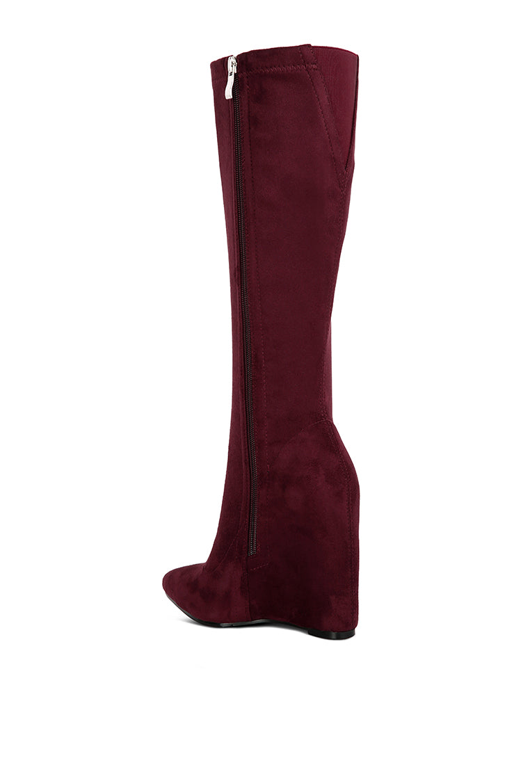 A pair of stylish Gladol Wedge Heel Calf Boots featuring a closed pointed toe and side zipper, made from durable microfiber.