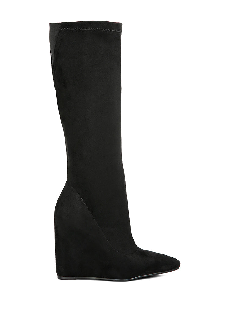 A pair of stylish Gladol Wedge Heel Calf Boots featuring a closed pointed toe and side zipper, made from durable microfiber.