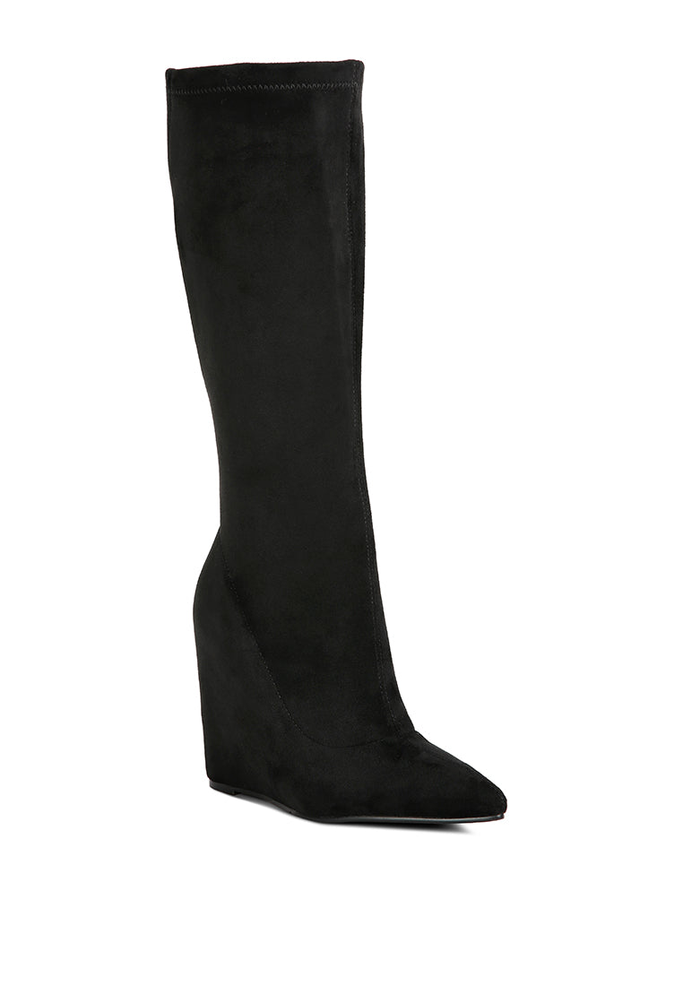 A pair of stylish Gladol Wedge Heel Calf Boots featuring a closed pointed toe and side zipper, made from durable microfiber.