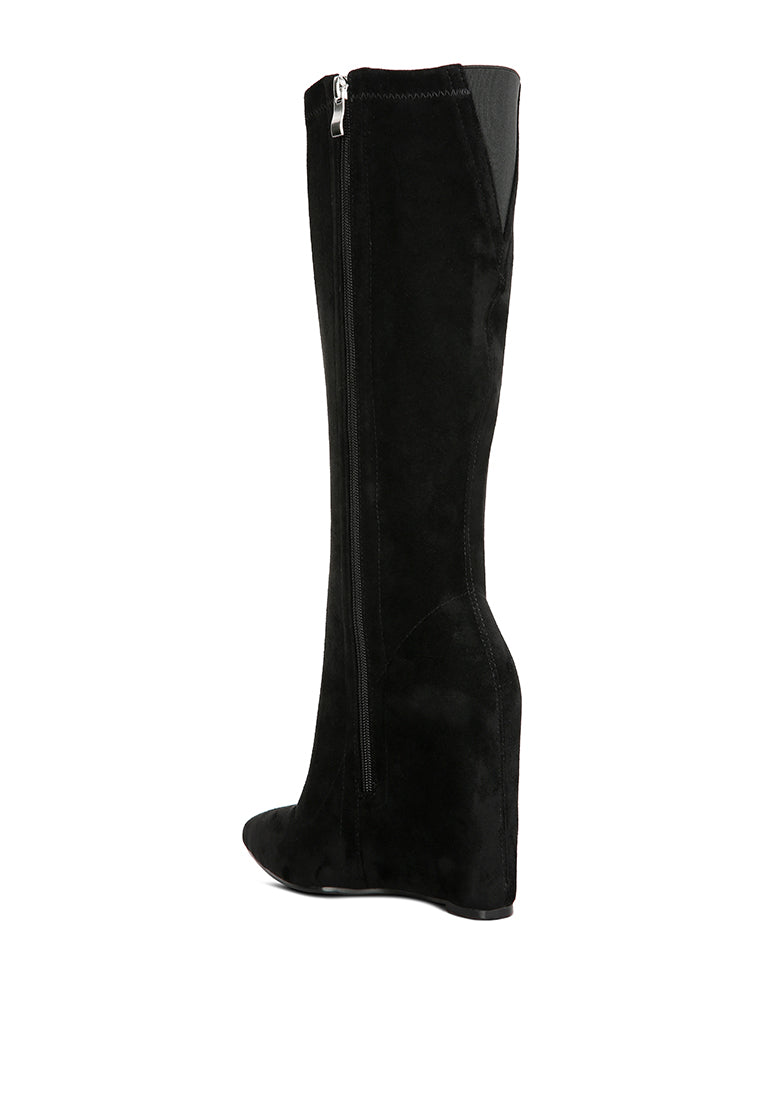 A pair of stylish Gladol Wedge Heel Calf Boots featuring a closed pointed toe and side zipper, made from durable microfiber.