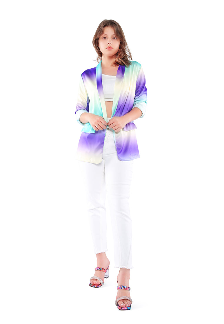 Glaze Print Semi Casual Blazer featuring a vibrant print, lapel neckline, and two side flap pockets, perfect for casual outings.