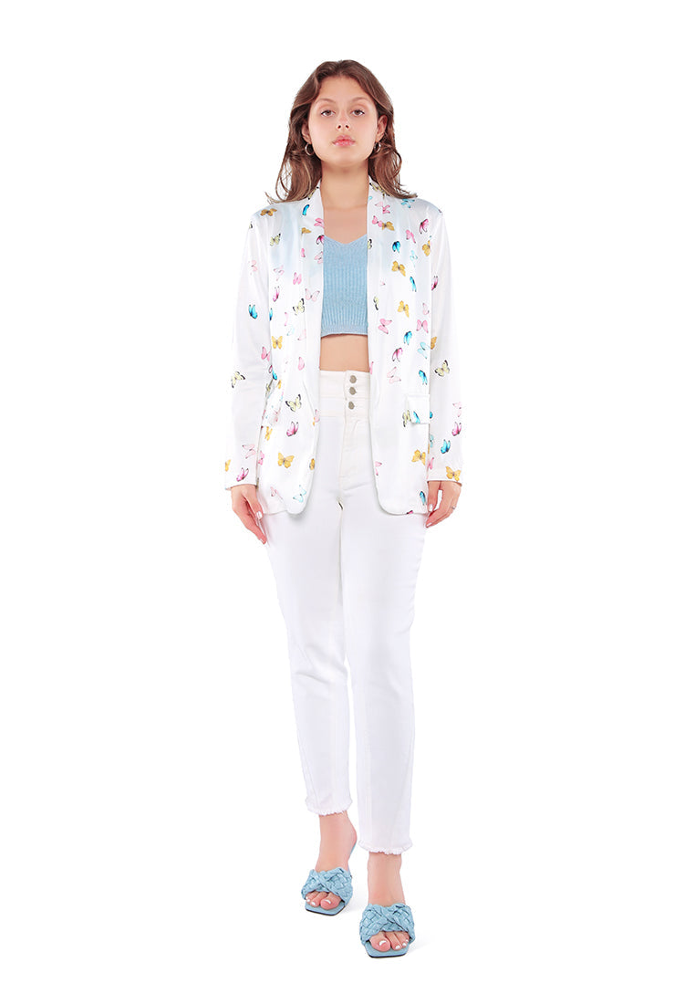 Glaze Print Semi Casual Blazer featuring a vibrant print, lapel neckline, and two side flap pockets, perfect for casual outings.