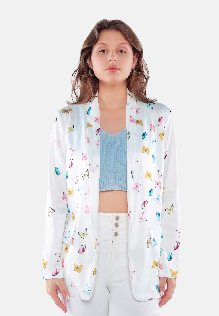 Glaze Print Semi Casual Blazer featuring a vibrant print, lapel neckline, and two side flap pockets, perfect for casual outings.