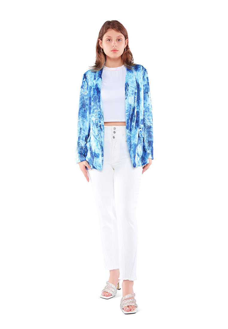 Glaze Print Semi Casual Blazer featuring a vibrant print, lapel neckline, and two side flap pockets, perfect for casual outings.