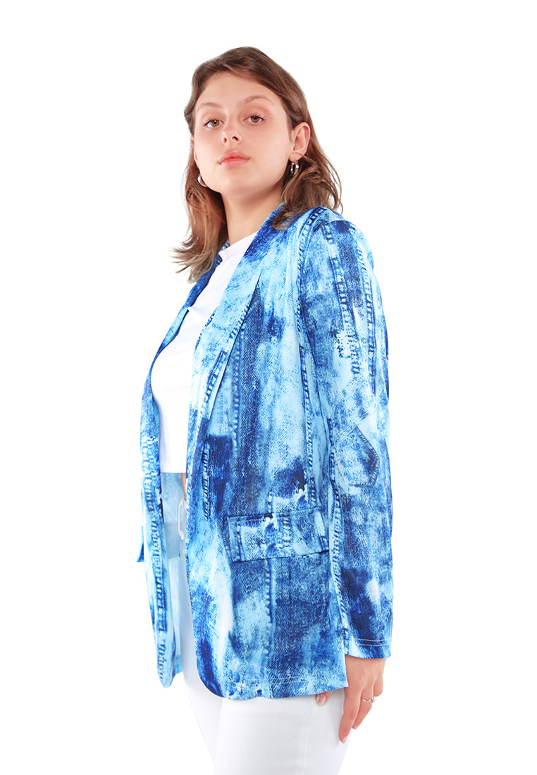 Glaze Print Semi Casual Blazer featuring a vibrant print, lapel neckline, and two side flap pockets, perfect for casual outings.