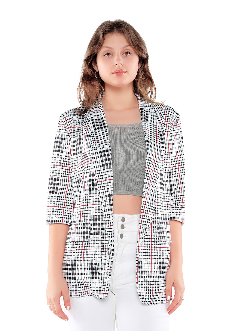 Glaze Print Semi Casual Blazer featuring a vibrant print, lapel neckline, and two side flap pockets, perfect for casual outings.