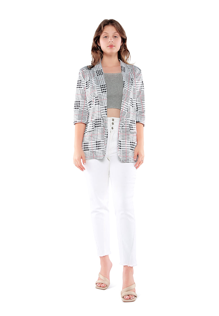 Glaze Print Semi Casual Blazer featuring a vibrant print, lapel neckline, and two side flap pockets, perfect for casual outings.