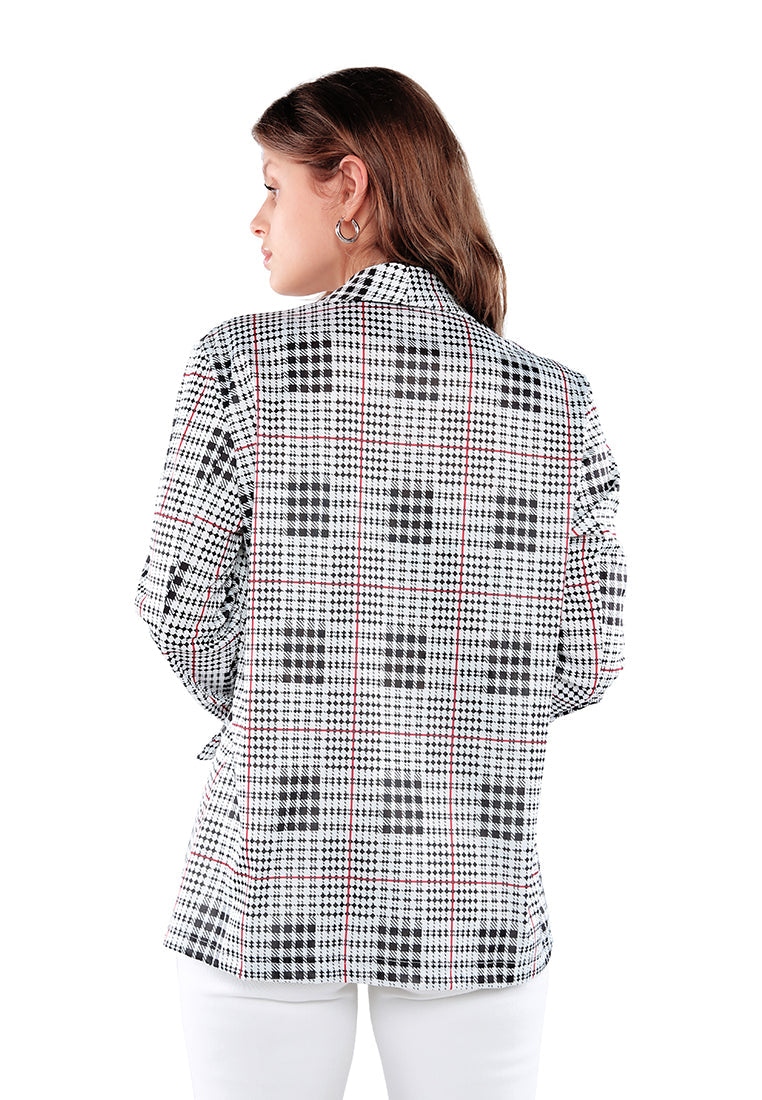 Glaze Print Semi Casual Blazer featuring a vibrant print, lapel neckline, and two side flap pockets, perfect for casual outings.