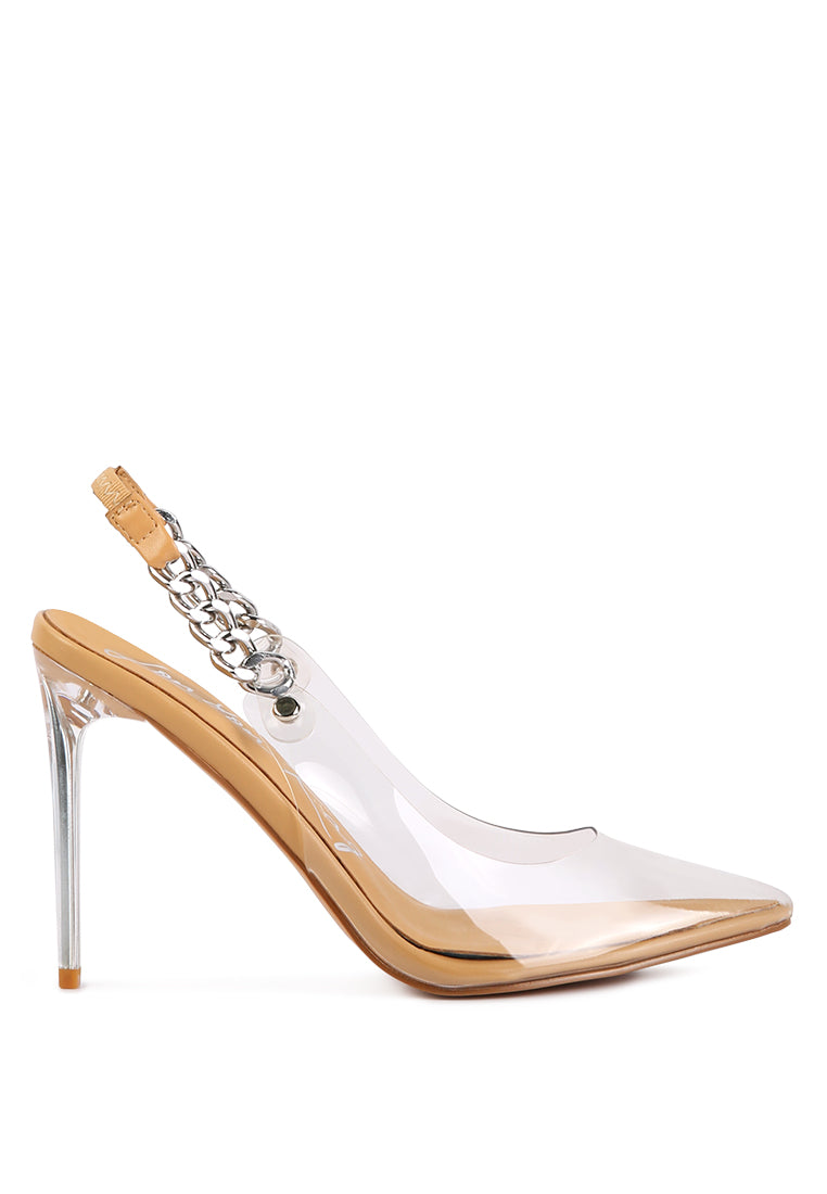 Goddess Metallic Stiletto Heel Slingback Sandals featuring clear PU upper, metal chain detail, and pointed toe design.