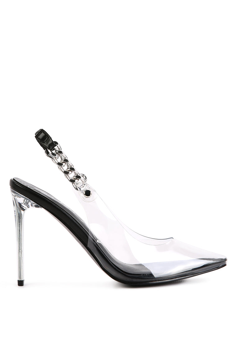 Goddess Metallic Stiletto Heel Slingback Sandals featuring clear PU upper, metal chain detail, and pointed toe design.