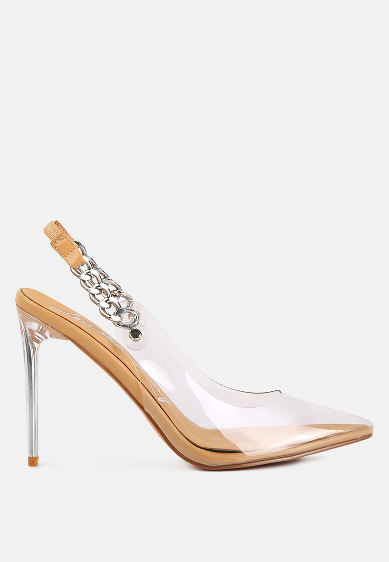 Goddess Metallic Stiletto Heel Slingback Sandals featuring clear PU upper, metal chain detail, and pointed toe design.