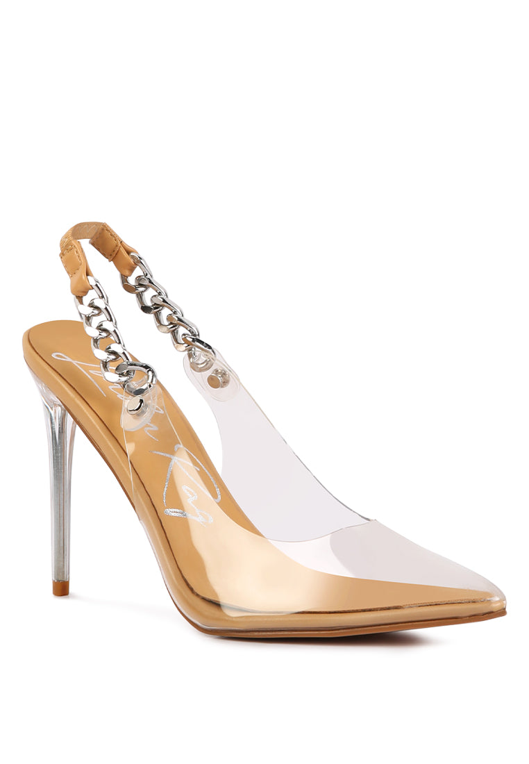 Goddess Metallic Stiletto Heel Slingback Sandals featuring clear PU upper, metal chain detail, and pointed toe design.