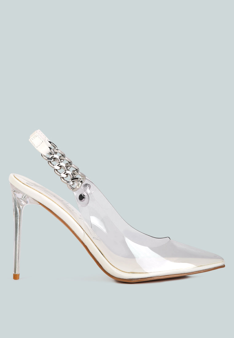 Goddess Metallic Stiletto Heel Slingback Sandals featuring clear PU upper, metal chain detail, and pointed toe design.