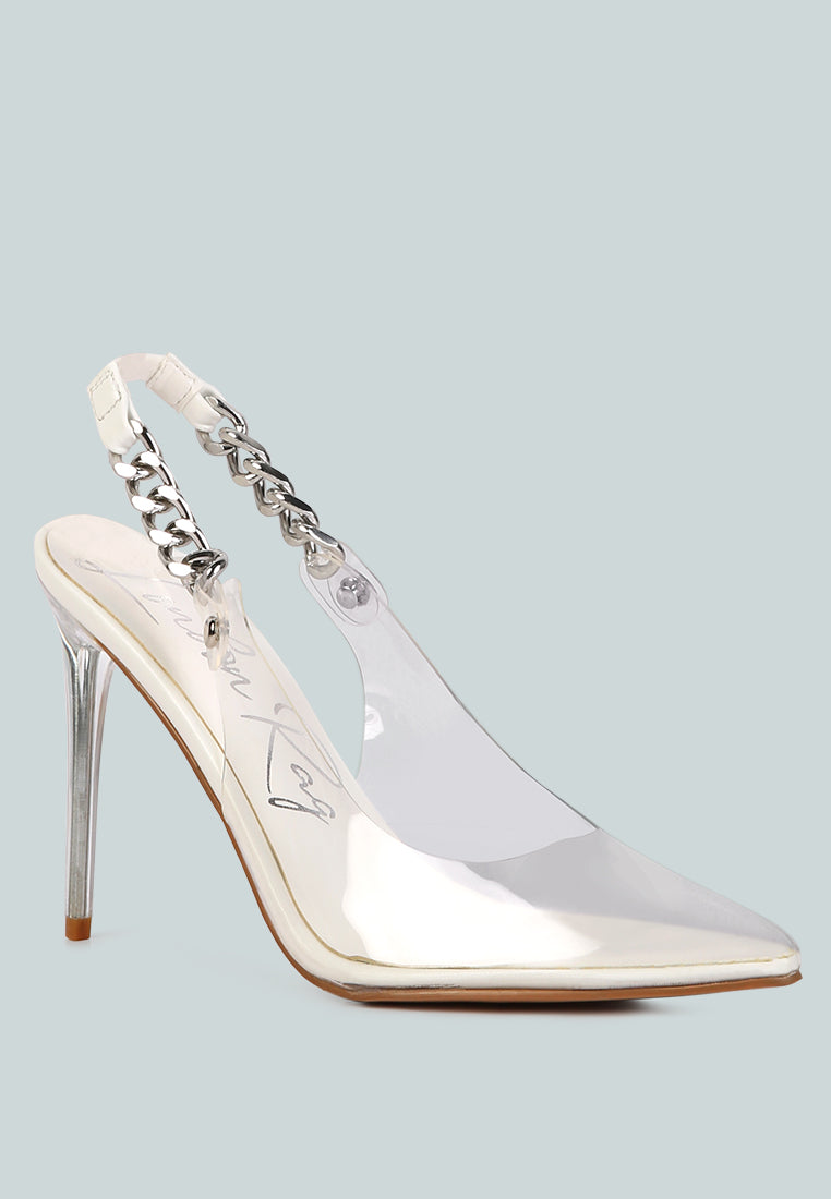 Goddess Metallic Stiletto Heel Slingback Sandals featuring clear PU upper, metal chain detail, and pointed toe design.