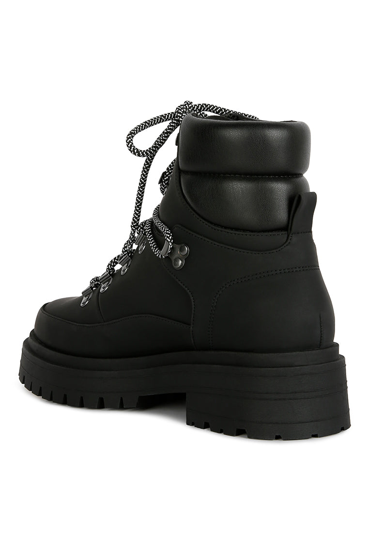 Goliath Lace Up Chunky Biker Boots featuring a stylish lace-up design, chunky heel, and durable outer material, perfect for autumn and winter wear.