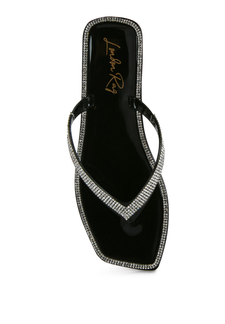 Stylish Golightly Diamante Stud Detail Thong Flats featuring sparkling studs and soft jelly material.