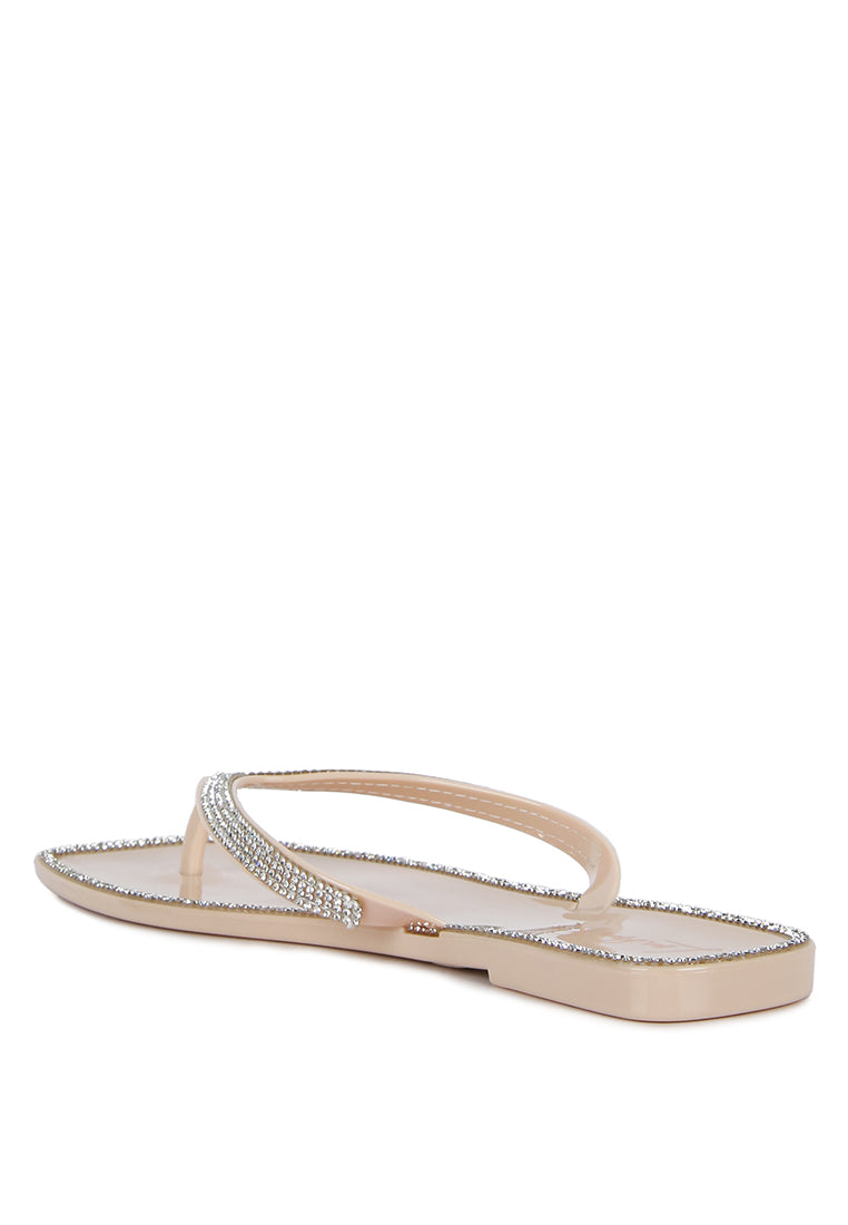 Stylish Golightly Diamante Stud Detail Thong Flats featuring sparkling studs and soft jelly material.