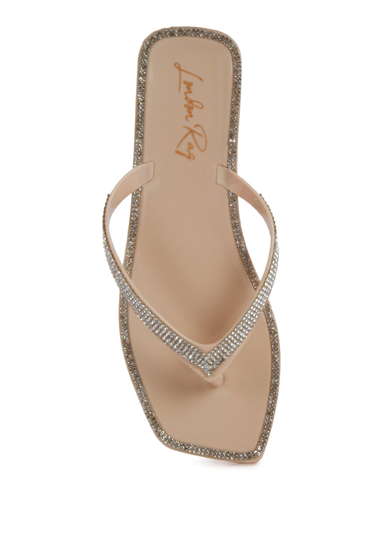 Stylish Golightly Diamante Stud Detail Thong Flats featuring sparkling studs and soft jelly material.