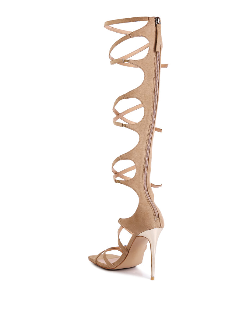 Gossip Dramatic Strappy Stiletto Heels featuring adjustable buckle straps, open square toe, and a sleek design in faux suede material.