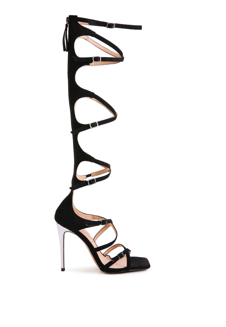 Gossip Dramatic Strappy Stiletto Heels featuring adjustable buckle straps, open square toe, and a sleek design in faux suede material.