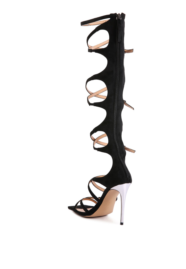 Gossip Dramatic Strappy Stiletto Heels featuring adjustable buckle straps, open square toe, and a sleek design in faux suede material.