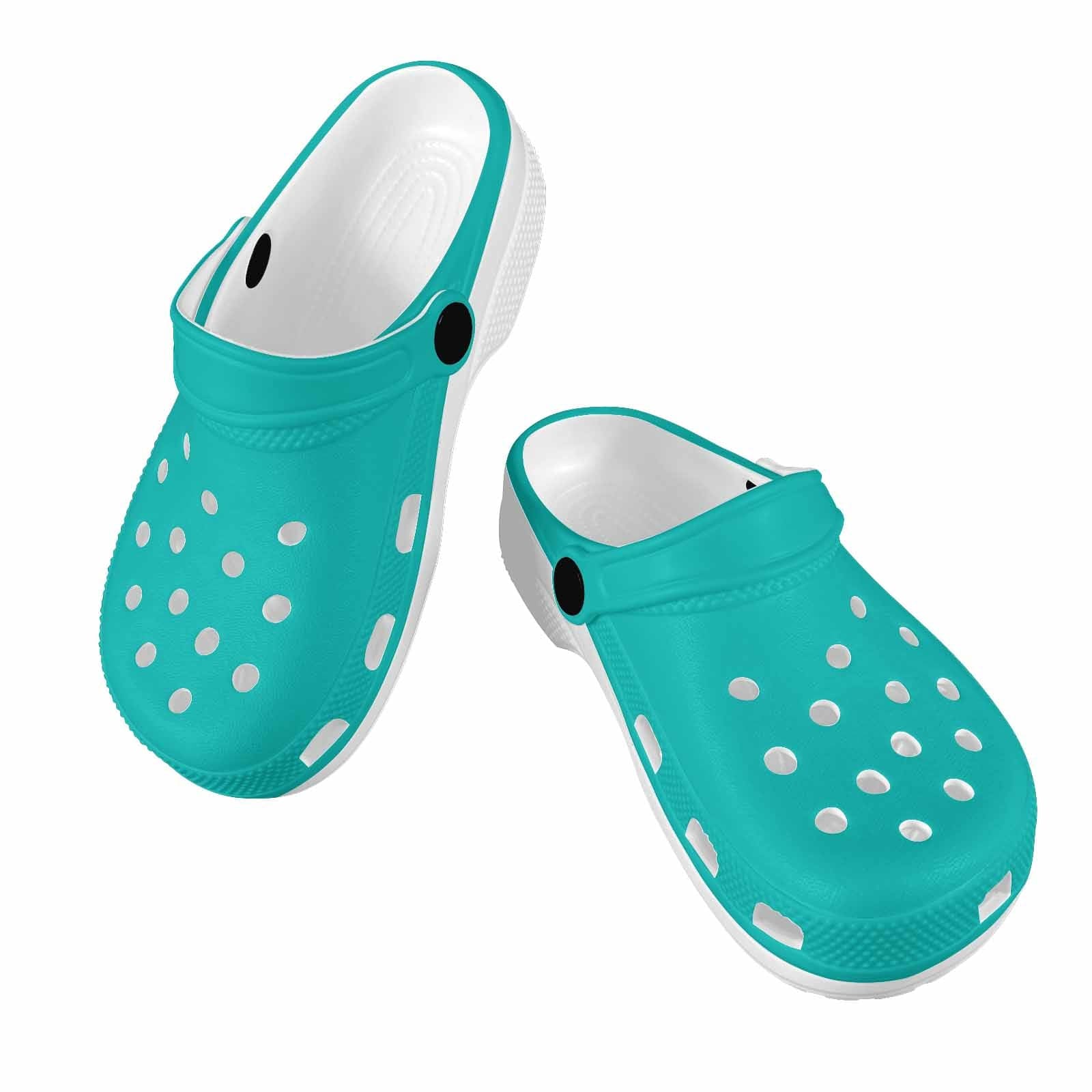 A pair of stylish green blue clogs designed for youth, featuring a slip-on design and cushioned sole for comfort.