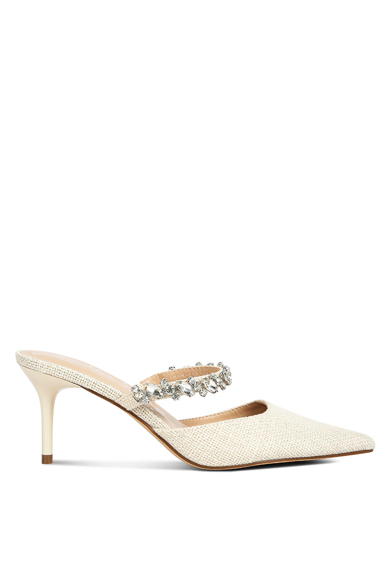 Greta Diamante Embellished Kitten Heel Mules featuring dazzling diamante details and a chic design, perfect for summer weddings.