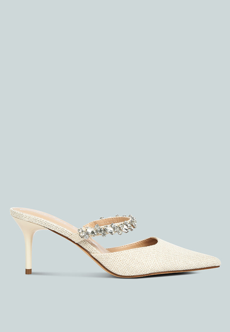 Greta Diamante Embellished Kitten Heel Mules featuring dazzling diamante details and a chic design, perfect for summer weddings.