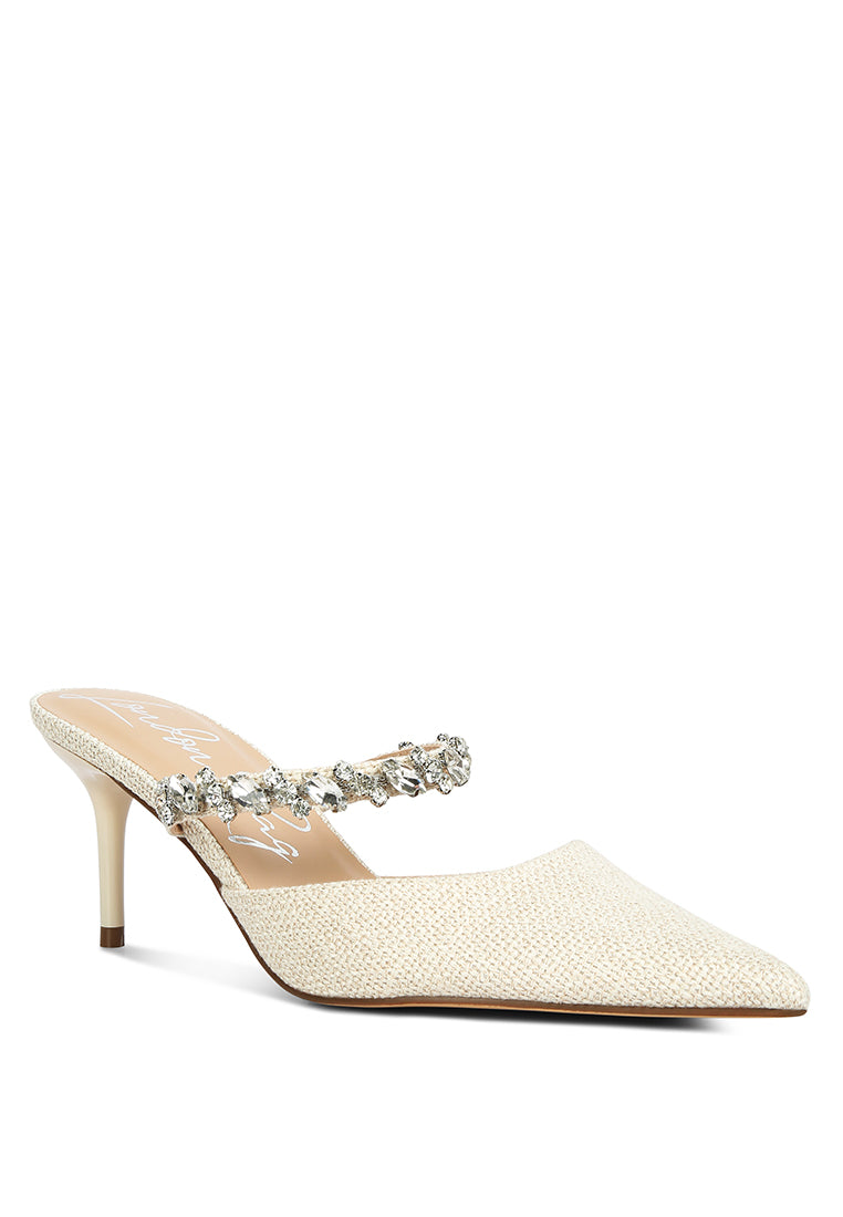 Greta Diamante Embellished Kitten Heel Mules featuring dazzling diamante details and a chic design, perfect for summer weddings.