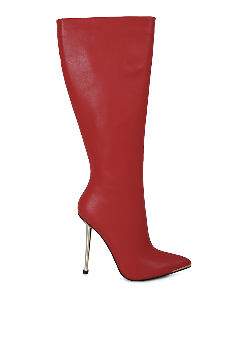 Hale Faux Leather Pointed Heel Calf Boots featuring stiletto heels and a sleek design, perfect for winter fashion.