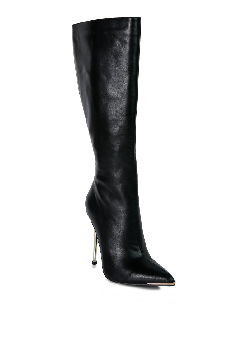 Hale Faux Leather Pointed Heel Calf Boots featuring stiletto heels and a sleek design, perfect for winter fashion.