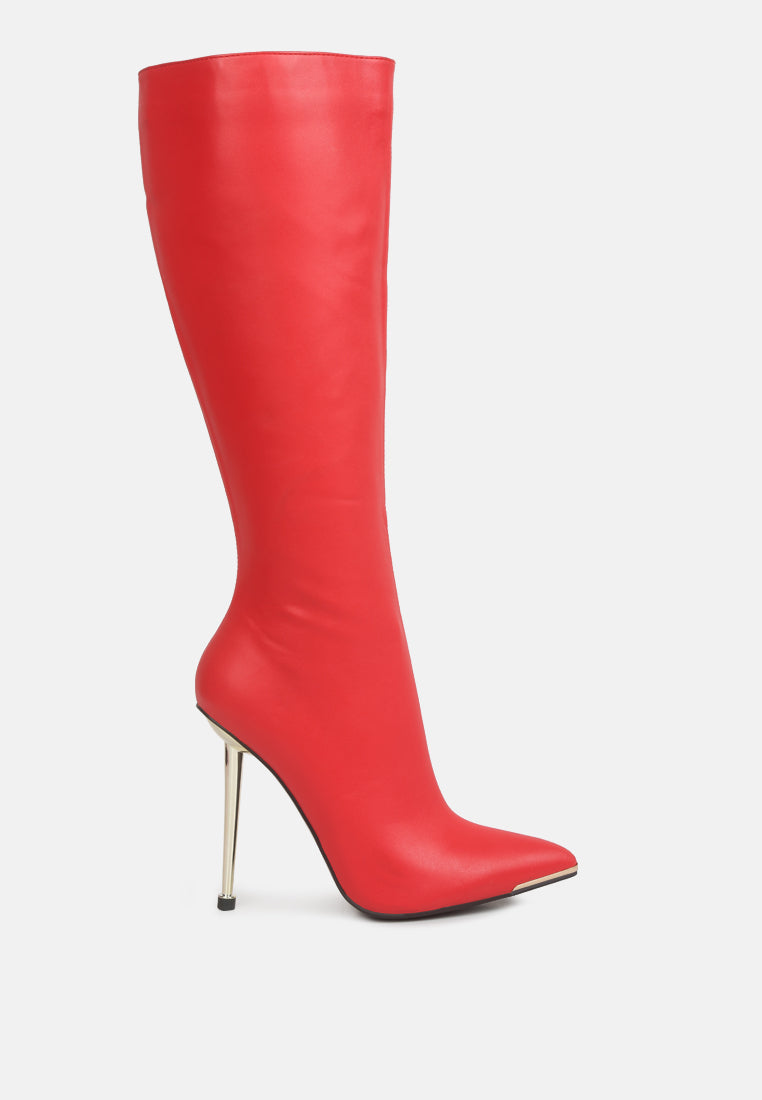 Hale Faux Leather Pointed Heel Calf Boots featuring stiletto heels and a sleek design, perfect for winter fashion.