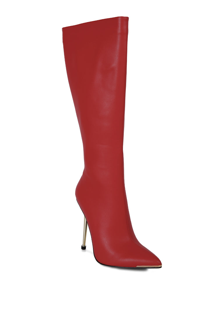 Hale Faux Leather Pointed Heel Calf Boots featuring stiletto heels and a sleek design, perfect for winter fashion.