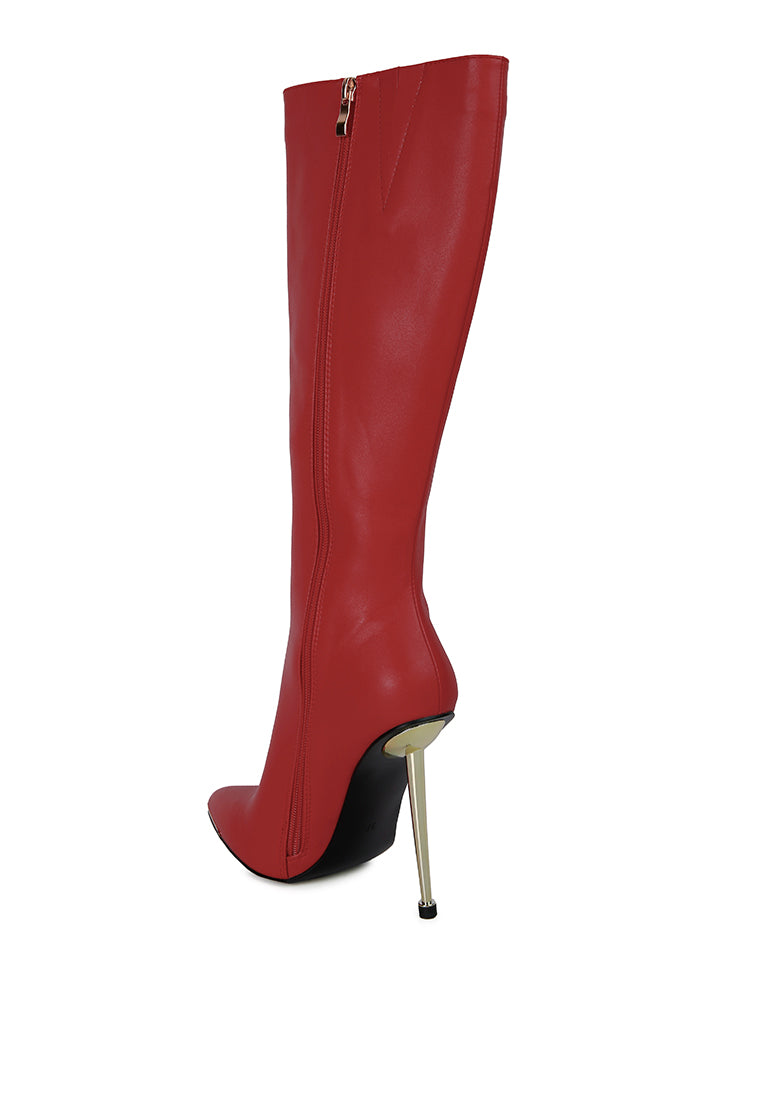 Hale Faux Leather Pointed Heel Calf Boots featuring stiletto heels and a sleek design, perfect for winter fashion.