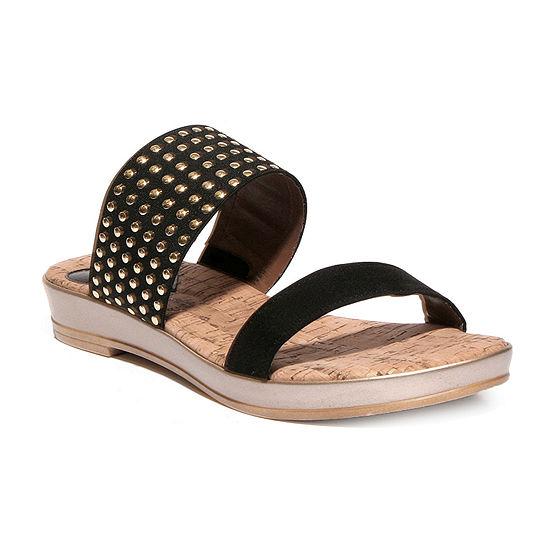 Stylish Havana sandals with leather upper and studs, featuring a cork sock liner and low wedge outsole, perfect for summer vacations.