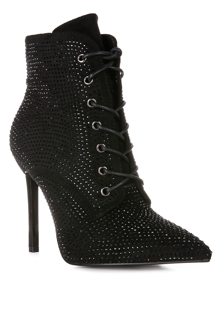 Stylish Head On Faux Suede Diamante Ankle Boots with pointed toes and sparkling diamante details, featuring a lace-up design and side zipper.