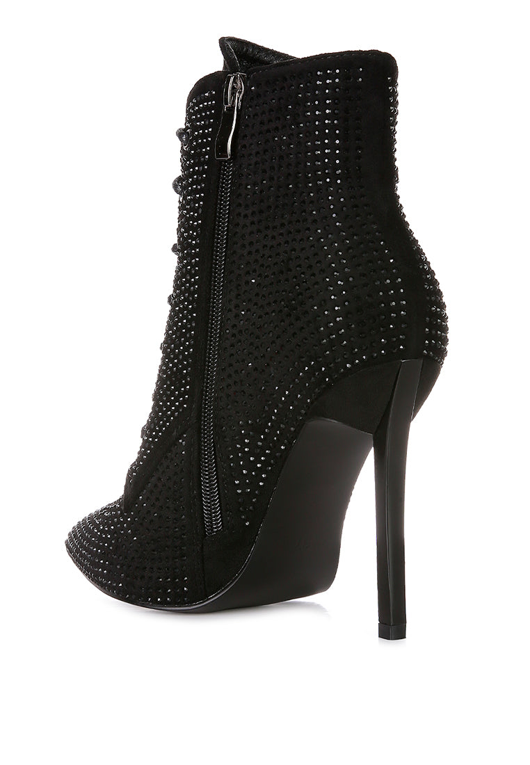 Stylish Head On Faux Suede Diamante Ankle Boots with pointed toes and sparkling diamante details, featuring a lace-up design and side zipper.