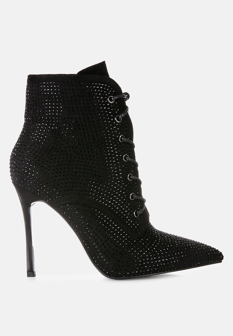 Stylish Head On Faux Suede Diamante Ankle Boots with pointed toes and sparkling diamante details, featuring a lace-up design and side zipper.