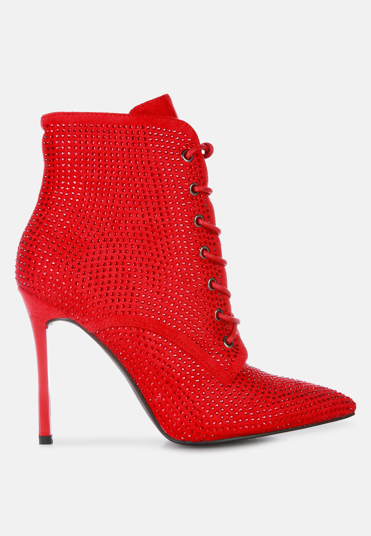 Stylish Head On Faux Suede Diamante Ankle Boots with pointed toes and sparkling diamante details, featuring a lace-up design and side zipper.