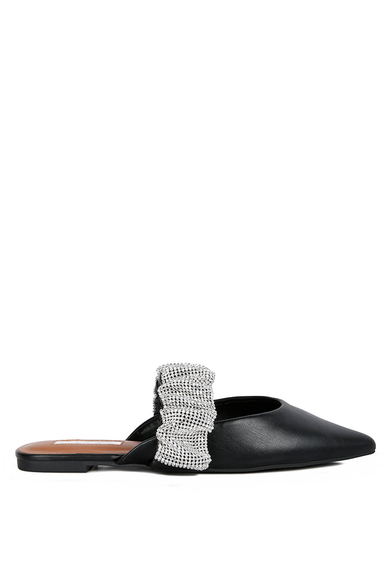 Hemessen Diamante Strap Flat Mules featuring a pointed toe design and a sparkling diamante embellished strap for stylish comfort.