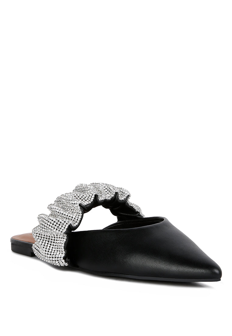 Hemessen Diamante Strap Flat Mules featuring a pointed toe design and a sparkling diamante embellished strap for stylish comfort.