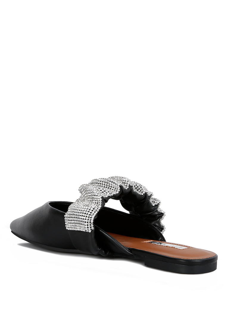 Hemessen Diamante Strap Flat Mules featuring a pointed toe design and a sparkling diamante embellished strap for stylish comfort.