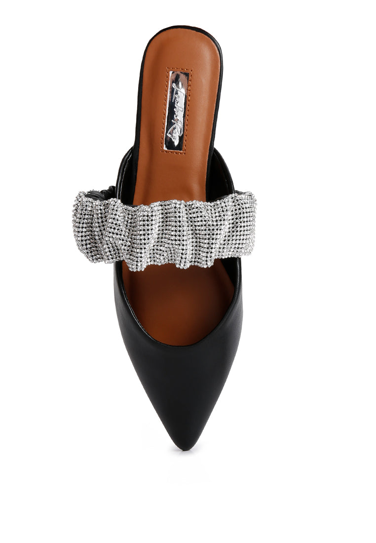 Hemessen Diamante Strap Flat Mules featuring a pointed toe design and a sparkling diamante embellished strap for stylish comfort.