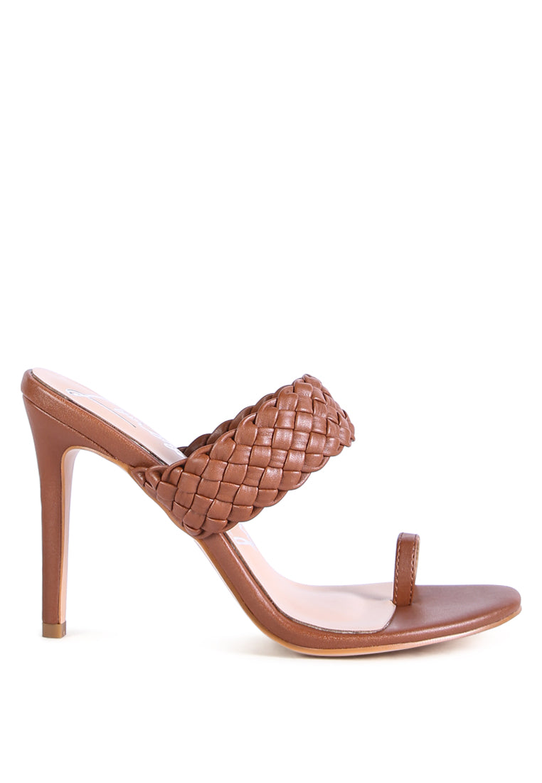 High Perks Woven Strap High Heels featuring broad woven straps and a pointed toe design in warm chocolate color.